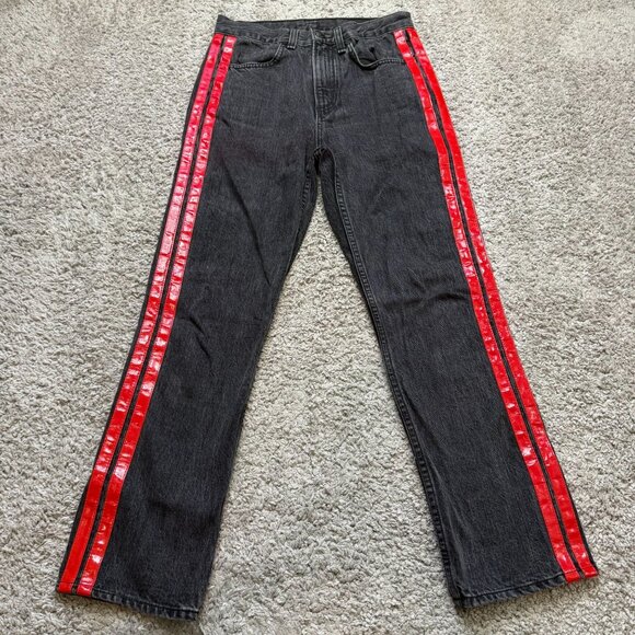 Rag & Bone Womens 25 Red Leather Pin Stripe Black High Waisted Jeans Straight Cr - Picture 1 of 10